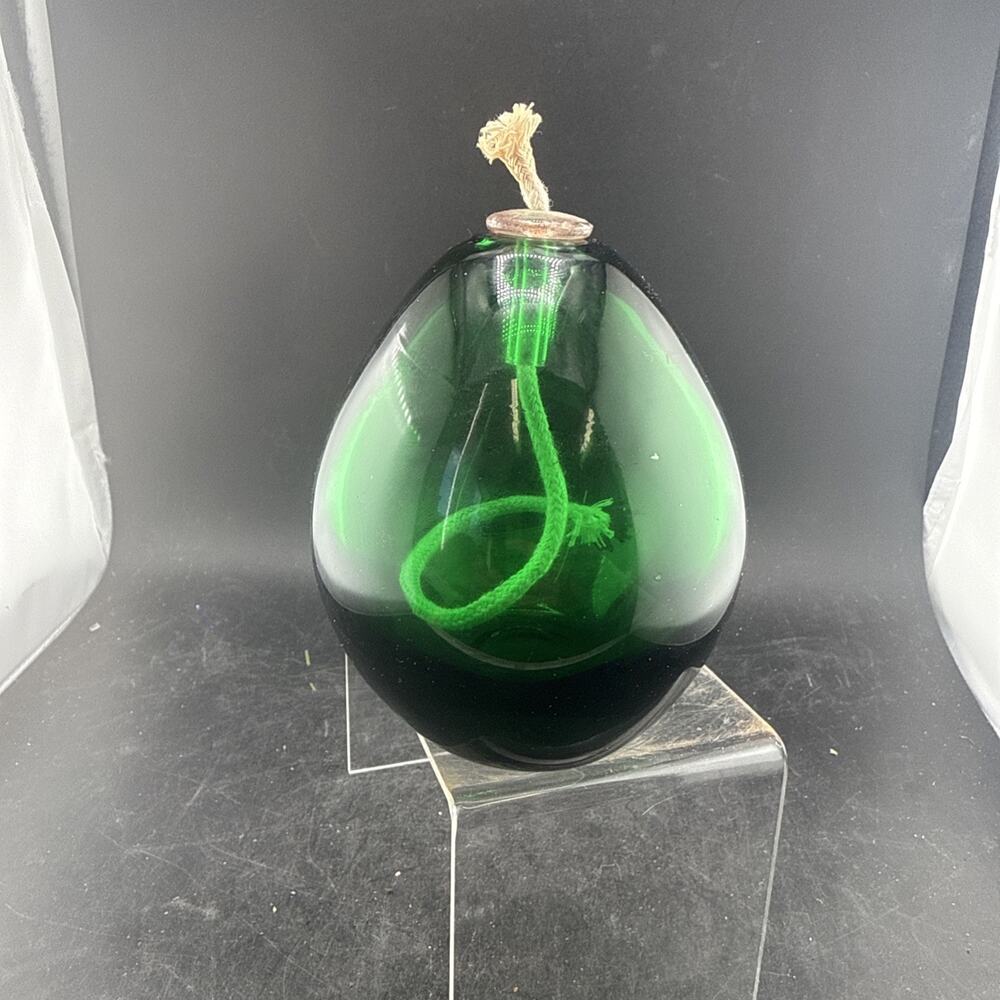 Vintage Poland Green Art Glass Oil Lamp Heavy Hand Blown Teardrop Polished Ponti